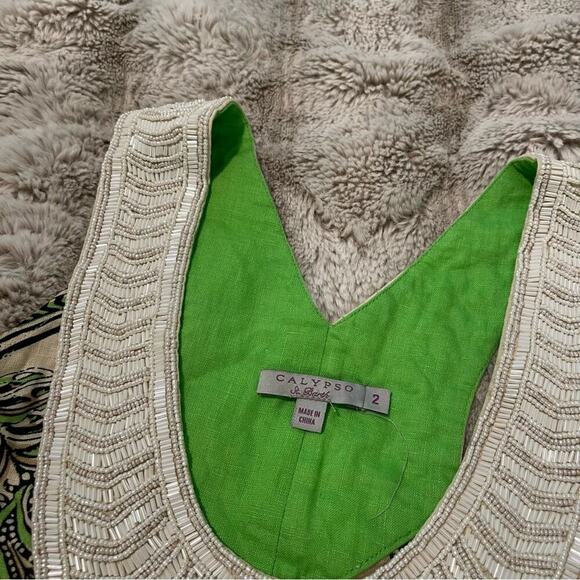 New Calypso St Barth Green Beaded Linen & Silk Dress - Picture 5 of 6